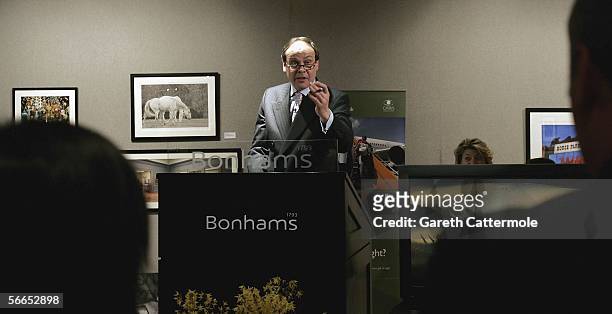 Auctioneer George Cherrytree is seen at the Love At First Sight auction at Bonhams on January 23, 2006 in London, England. The event, hosted by...