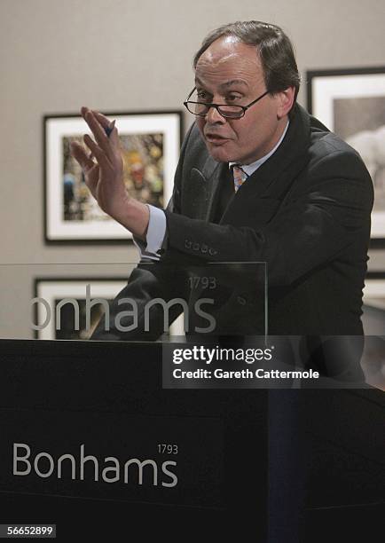 Auctioneer George Cherrytree is seen at the Love At First Sight auction at Bonhams on January 23, 2006 in London, England. The event, hosted by...