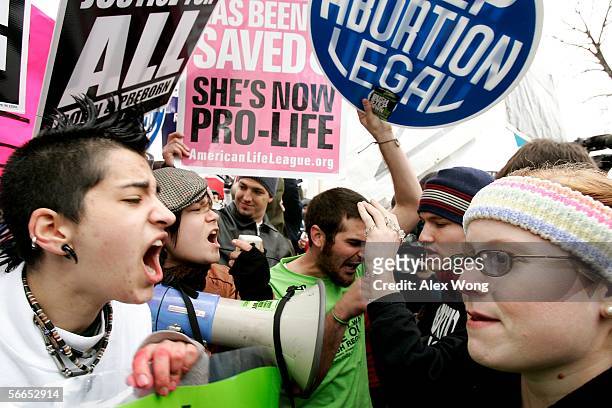 Pro-choice activists argue with Pro-life activists on abortion issues in front of the U.S. Supreme Court January 23, 2006 in Washington, DC....