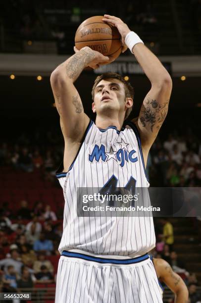 Mario Kasun of the Orlando Magic shoots a free throw against the Milwaukee Bucks on December 26, 2005 at TD Waterhouse Centre in Orlando, Florida....