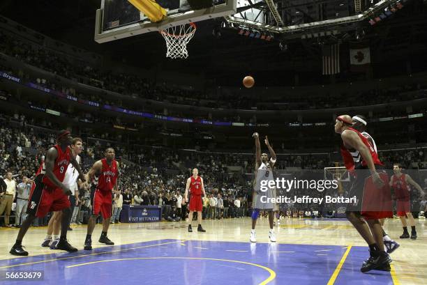 Kobe Bryant of the Los Angeles Lakers shoots a free throw for his 81st point against the Toronto Raptors on January 22, 2006 at Staples Center in Los...