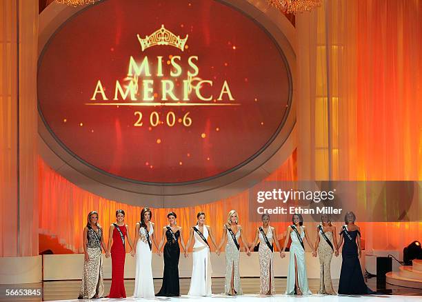 The top ten finalists in the 2006 Miss America Pageant hold hands on stage at the Aladdin Theatre for the Performing Arts January 21, 2006 in Las...