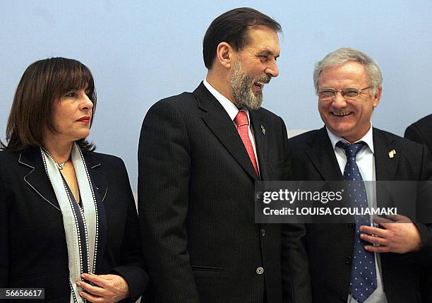 Minister of Foreign Affairs of Serbia and Montenegro, Vuk Draskovic chats with Albanian General Secretary of Foreign Affairs, Roland Bimo while...