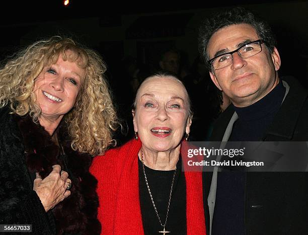 Actress Patricia Morison poses with Murphy Cross and Paul Kreppel , co-directors/co-creators of the production, at the celebrity opening night of the...