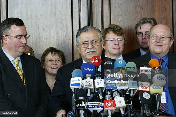 Iraqi President Jalal Talabani speaks during a press conference with British Parliament members Paul Keetch , Sandra Osborne Richard Younger-Ross ,...