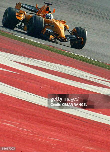 McLaren Mercedes Formula One driver Juan Pablo Montoya of Colombia takes a curve in his new McLaren Mercedes MP 4/21during a training session at the...