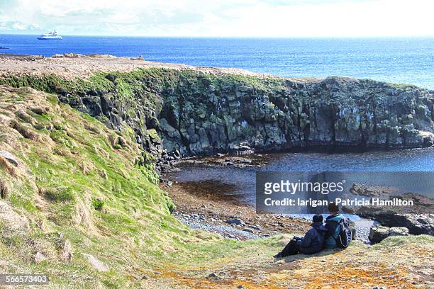 couple looking at bird cliffs, grimsey, iceland - icelands grimsey island photos et images de collection