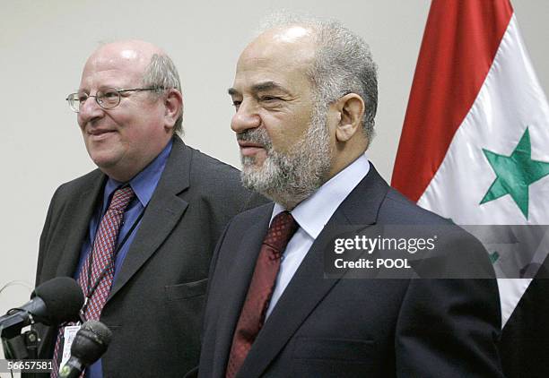 British parliament member Mike Gapes and Iraq's outgoing Prime Minister Ibrahim Jaafari hold a press conference after meeting with other British...