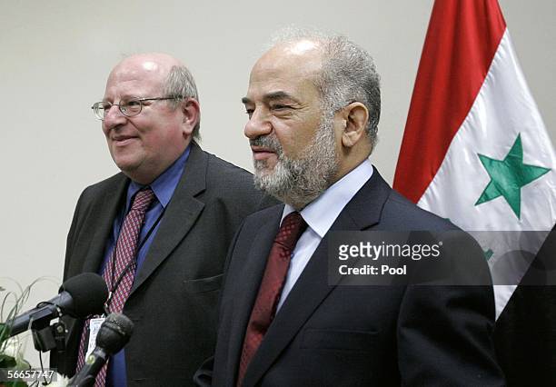 British parliament member, Mike Gapes , and Iraq's Prime Minister Ibrahim al-Jaafari hold a media conference after meeting with other British members...