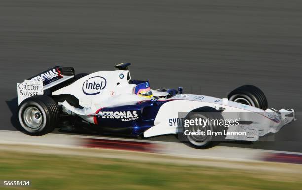 Jacques Villeneuve of Canada tests the new BMW Sauber F1.06 at the Circuito de Catalunya on January 24, in Barcelona, Spain.