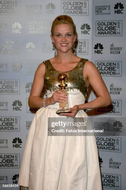 Actresss Reese Witherspoon poses backstage after receiving her award during the 63rd Annual Golden Globe Awards at the Beverly Hilton on January 16,...