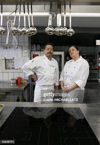 Germany: View taken 12 January 2006 chef Edwin Schmied and his assistant Petra Weber in the kitchen of Hotel Waltersbuehl in Wangen im Allgaeu, in...