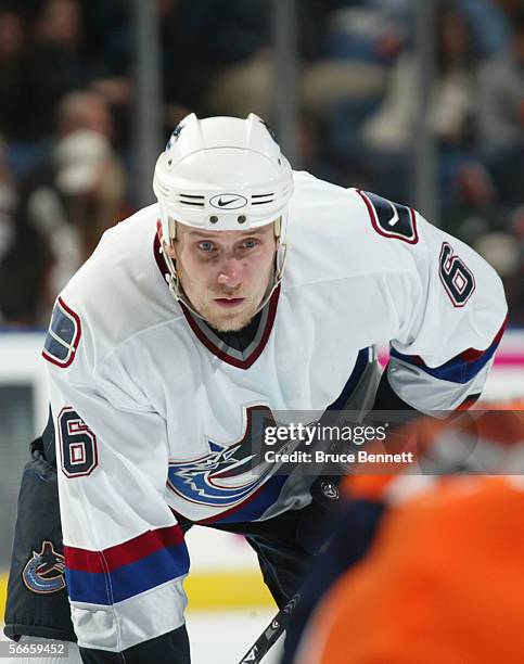Sami Salo of the Vancouver Canucks waits on the ice during the game against the New York Islanders on January 14, 2006 at the Nassau Coliseum in...