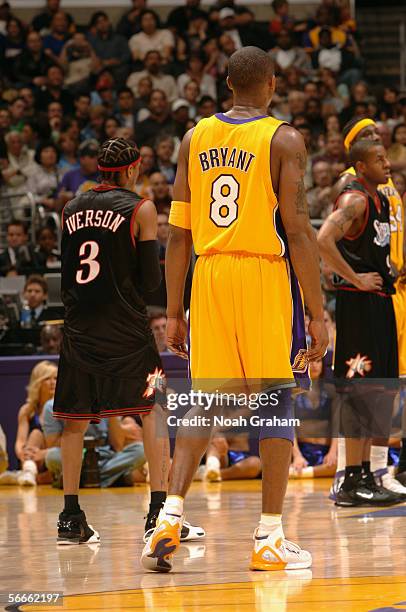 Kobe Bryant of the Los Angeles Lakers stands on the court against the Philadelphia 76ers on January 6, 2006 at Staples Center in Los Angeles,...