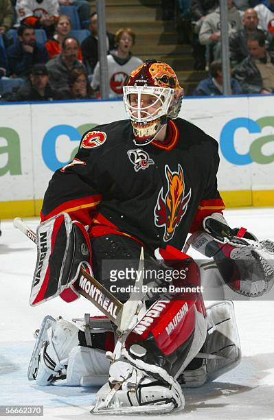 Goaltender Miikka Kiprusoff of the Calgary Flames follows the puck during the game against the New York Islanders on January 12, 2006 at the Nassau...
