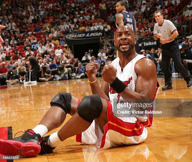 Alonzo Mourning of the Miami Heat argues a call while playing the Memphis Grizzlies January 24, 2006 at American Airlines Arena in Miami, Florida....