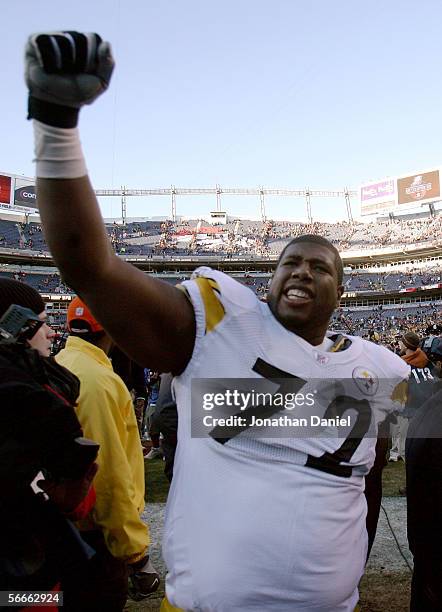 Barrett Brooks of the Pittsburgh Steelersc celebrates as he walks off the field following the Steelers 34-17 win over the Denver Broncos during the...