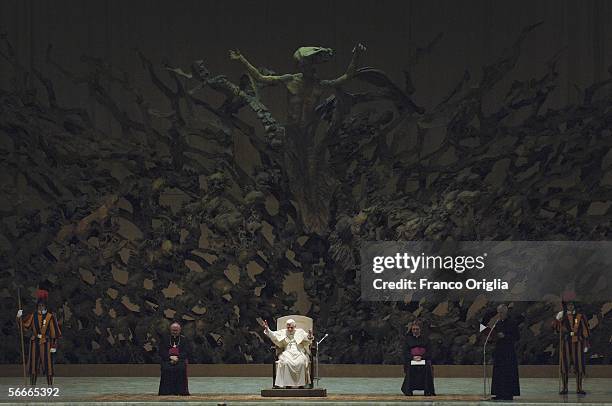 Pope Benedict XVI attends his weekly audience at the Paul VI hall, January 25, 2006 in Vatican City. The Pontiff released his first encyclical...