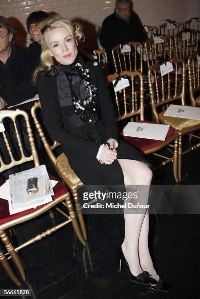 Daphnee Guiness is seen in the front row before the Jean Paul Gaultier fashion show as part of Paris Fashion Week Spring/Summer 2006 on January 25,...