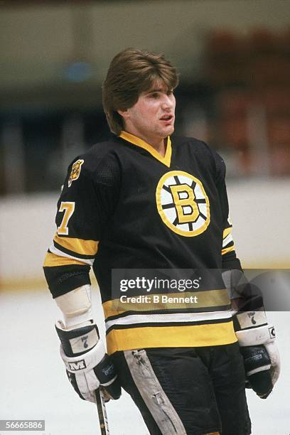 Canadian professional hockey player Ray Bourque, defenseman for the Boston Bruins, on the ice during a game with the New York Rangers at Madison...