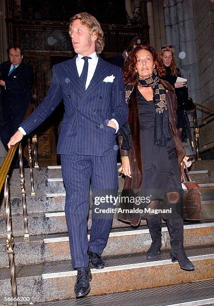 Lapo Elkann and designer Diane Von Furstenberg leave a memorial service for Count Roffredo Gaetani at St. Patrick's Cathedral January 23, 2006 in New...