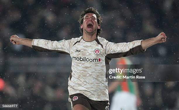 Florian Lechner of St. Pauli celebrates the first goal during the DFB German Cup quarter final match between FC St. Pauli and Werder Bremen at the...