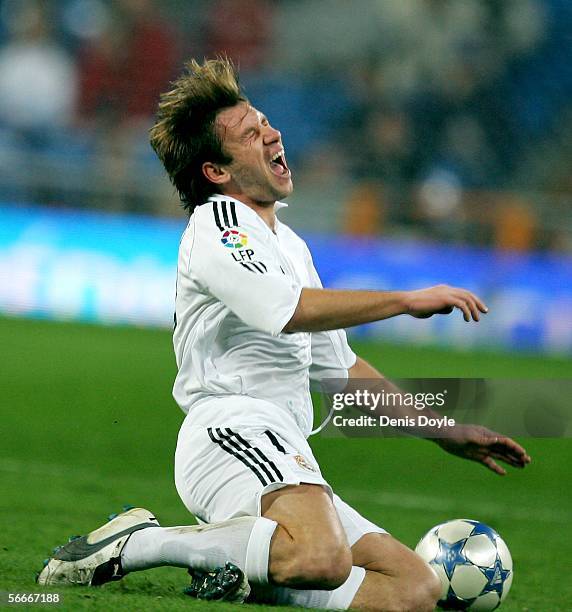 Antonio Cassano of Real Madrid takes a fall during a Copa del Rey quarter final, second leg match between Real Madrid and Real Betis at the Santiago...