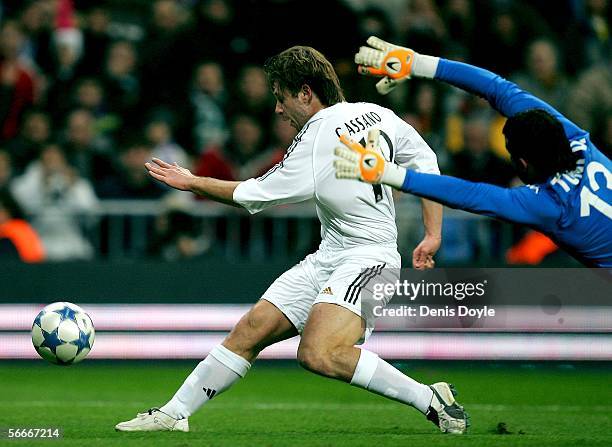 Antonio Cassano of Real Madrid beats Antonio Doblas of Betis during a Copa del Rey quarter final, second leg match between Real Madrid and Real Betis...