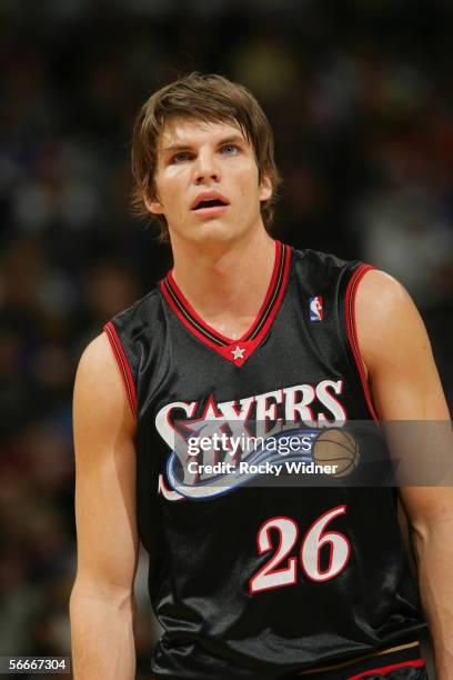 Kyle Korver of the Philadelphia 76ers is on the court during the game against the Sacramento Kings at Arco Arena on January 2, 2005 in Sacramento,...