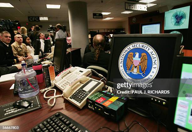 Fort Meade, UNITED STATES: A computer workstation bears the National Security Agency logo inside the Threat Operations Center inside the Washington...