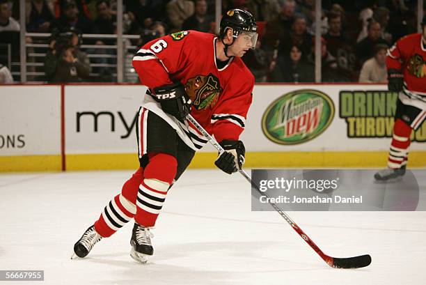 Jaroslav Spacek of the Chicago Blackhawks skates during the game against the Pittsburgh Penguins on January 13, 2006 at the United Center in Chicago,...