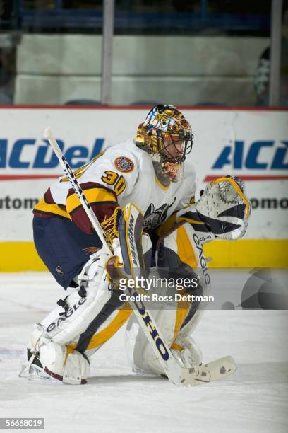 Jani Hurme of the Chicago Wolves tends goal against the Peoria Rivermen at Allstate Arena on December 11, 2005 in Rosemont, Illinois. The Wolves won...