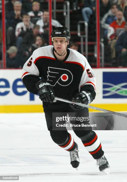 Kim Johnsson of the Philadelphia Flyers skates during the game against the Carolina Hurricanes on January 17, 2006 at the Wachovia Center in...