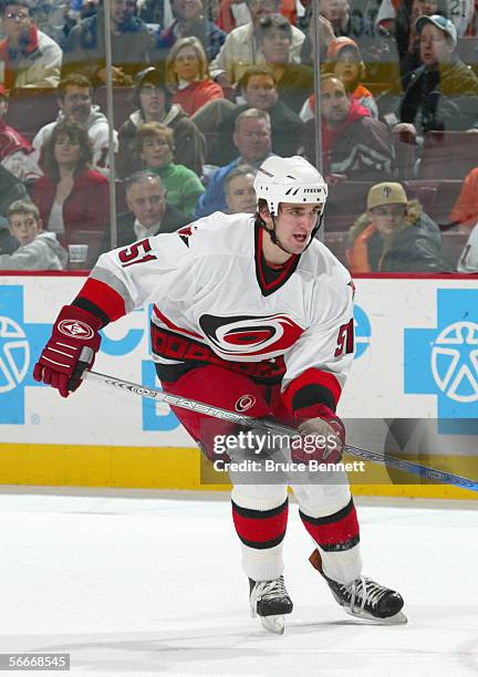 Danny Richmond of the Carolina Hurricanes skates during the game against the Philadelphia Flyers on January 17, 2006 at the Wachovia Center in...