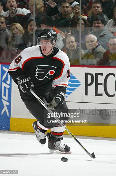 Mike Richards of the Philadelphia Flyers skates with the puck during the game against the Carolina Hurricanes on January 17, 2006 at the Wachovia...