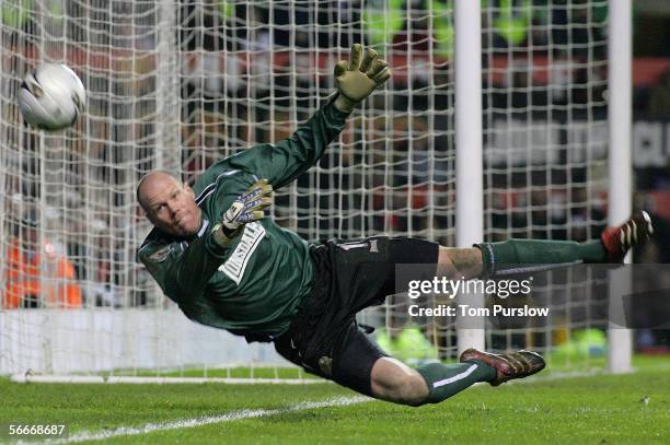 Brad Friedel of Blackburn Rovers in action on the ball during the Carling Cup semi-final second leg match between Manchester United and Blackburn...