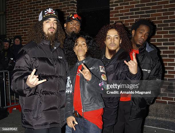Actress/singer Jada Pinkett Smith poses with her "Wicked Wisdom" band members after performing on the "Late Show With David Letterman" on January 25,...