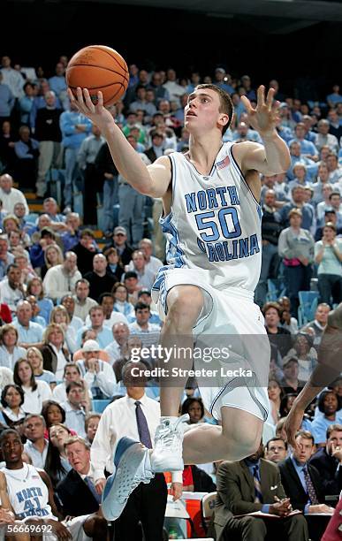 Tyler Hansbrough of the University of North Carolina Tar Heels goes to the basket against the Boston College Eagles during their game on January 25,...