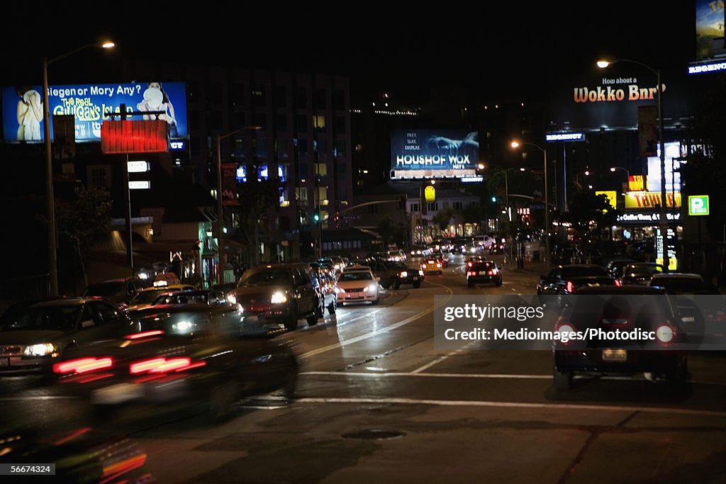 Traffic on Sunset Boulevard at night, Los Angeles, California, USA