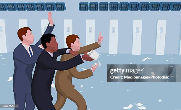three businessmen at the stock exchange - digital signage screen stock illustrations