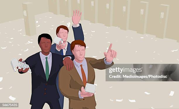 three businessmen at the stock exchange - looking up thinking stock illustrations