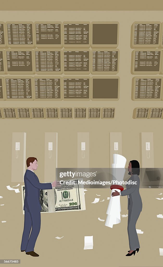 Side profile of a businessman holding cash and a businesswoman holding a stock certificate