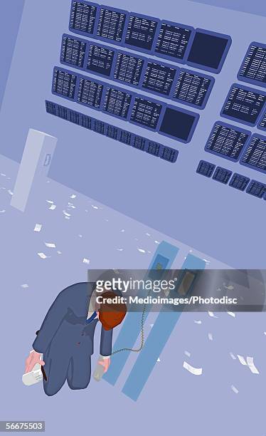 high angle view of a businessman kneeling at the stock exchange - disappointing phone stock illustrations