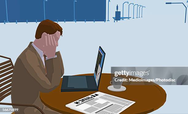 side profile of a businessman with his head in his hands - profile laptop sitting stock illustrations