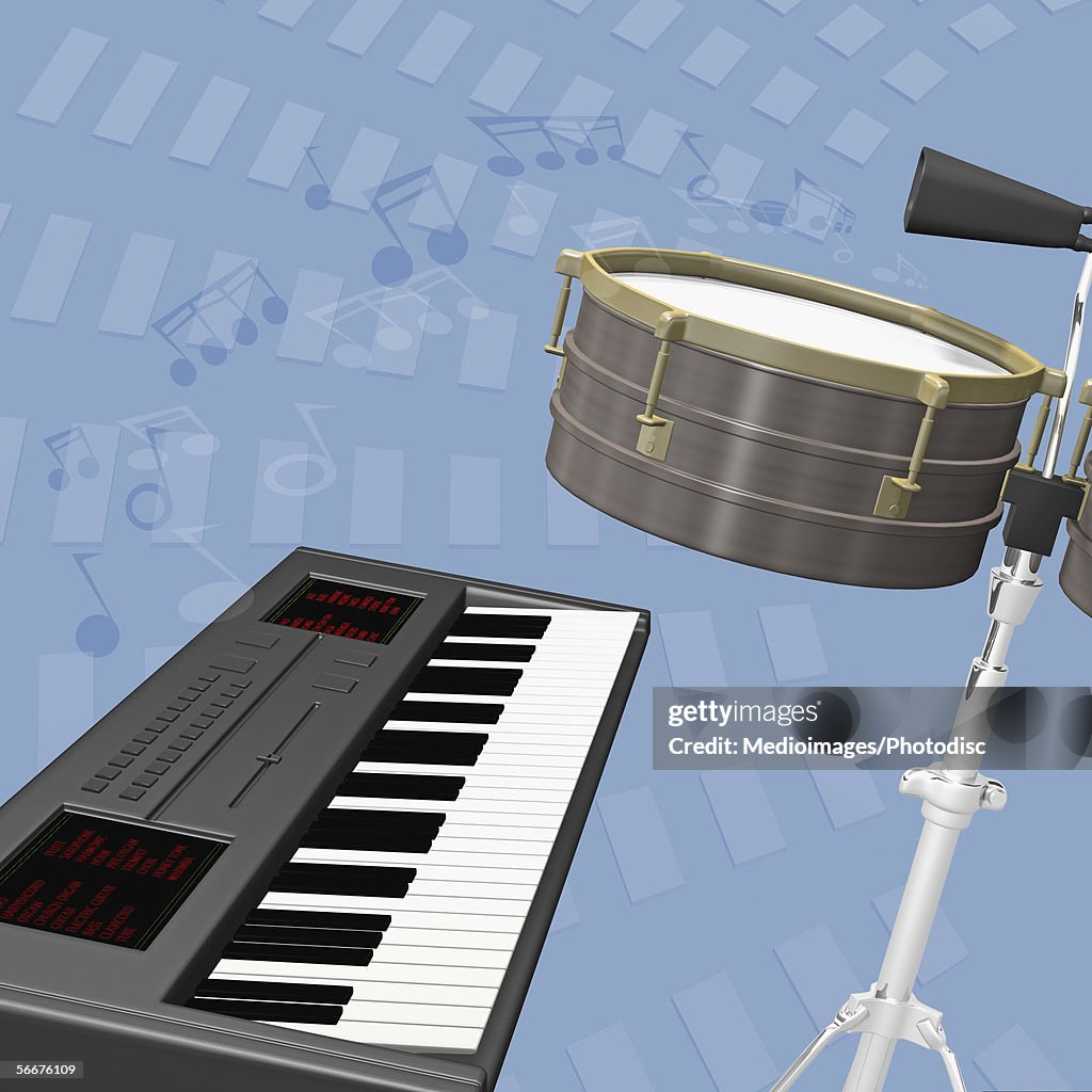 Close-up of a drum and a synthesizer