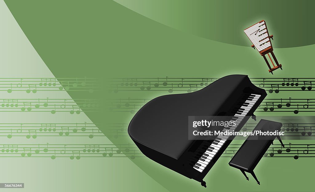 High angle view of a piano and a xylophone