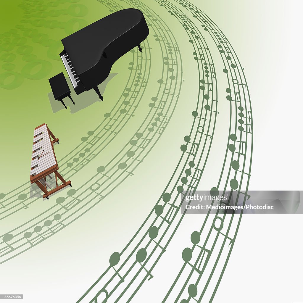 High angle view of a piano and a xylophone