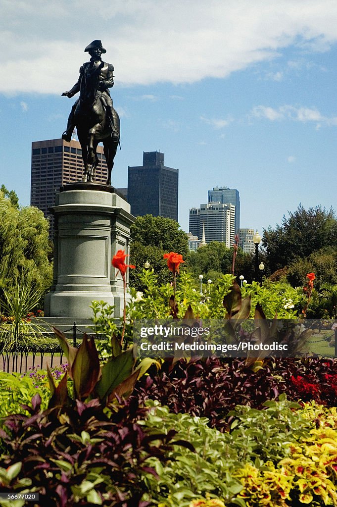 Low angle view of a statue in a garden, George Washington statue, Boston Public Garden, Boston, Massachusetts, USA