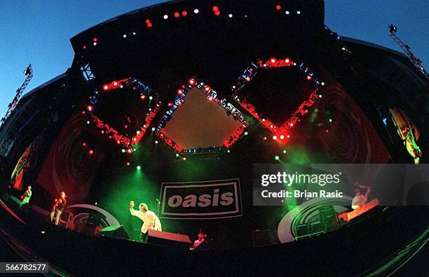 British rock group, Oasis, performing at Knebworth House, Hertfordshire, 10th August 1996.