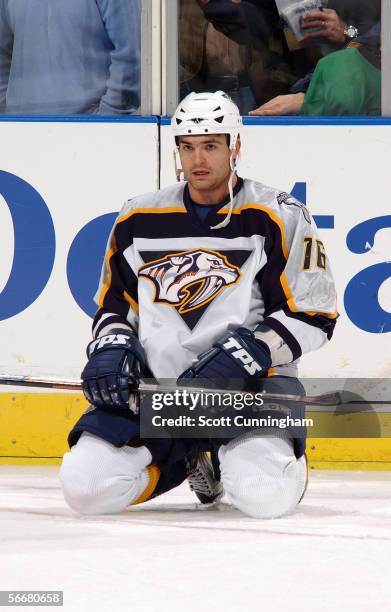 Darcy Hordichuk of the Nashville Predators looks on during warm up prior to their game against the Atlanta Thrashers on January 11, 2006 at Philips...